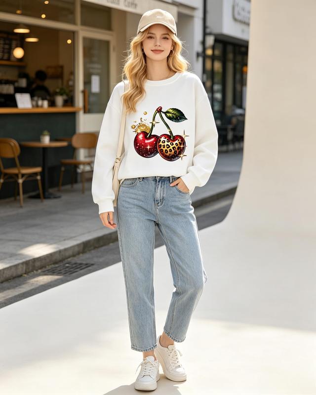 Women's Fitted Leopard Cherry Printed Cotton Crewneck Sweatshirt - Cute Tops, Long Sleeve, Chic Comfortable Fall Casual Everyday Pullover