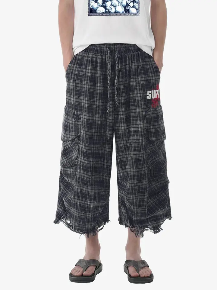 Thesupermade Plaid Linen-Blend Distressed Cargo Jorts | Wide-Leg Frayed Hem Streetwear Shorts Men Women, Bottom, Pockets, Lightweight, Everyday, Adjustable, Fit, Casual, Cotton, Drawstring