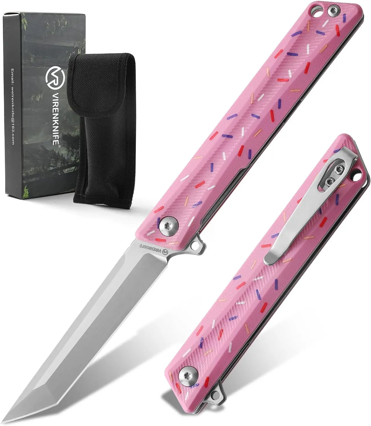 VIRENKNIFE Pink Pocket Knife for EDC,3.6" D2 Steel Blade Folding Knife with G10 Handle, Safety Liner Lock, Flip Opening, Deep Pocket Clip, Folding Utility Knife with Unique Donut Design,Ideal Gifts for Men and Women