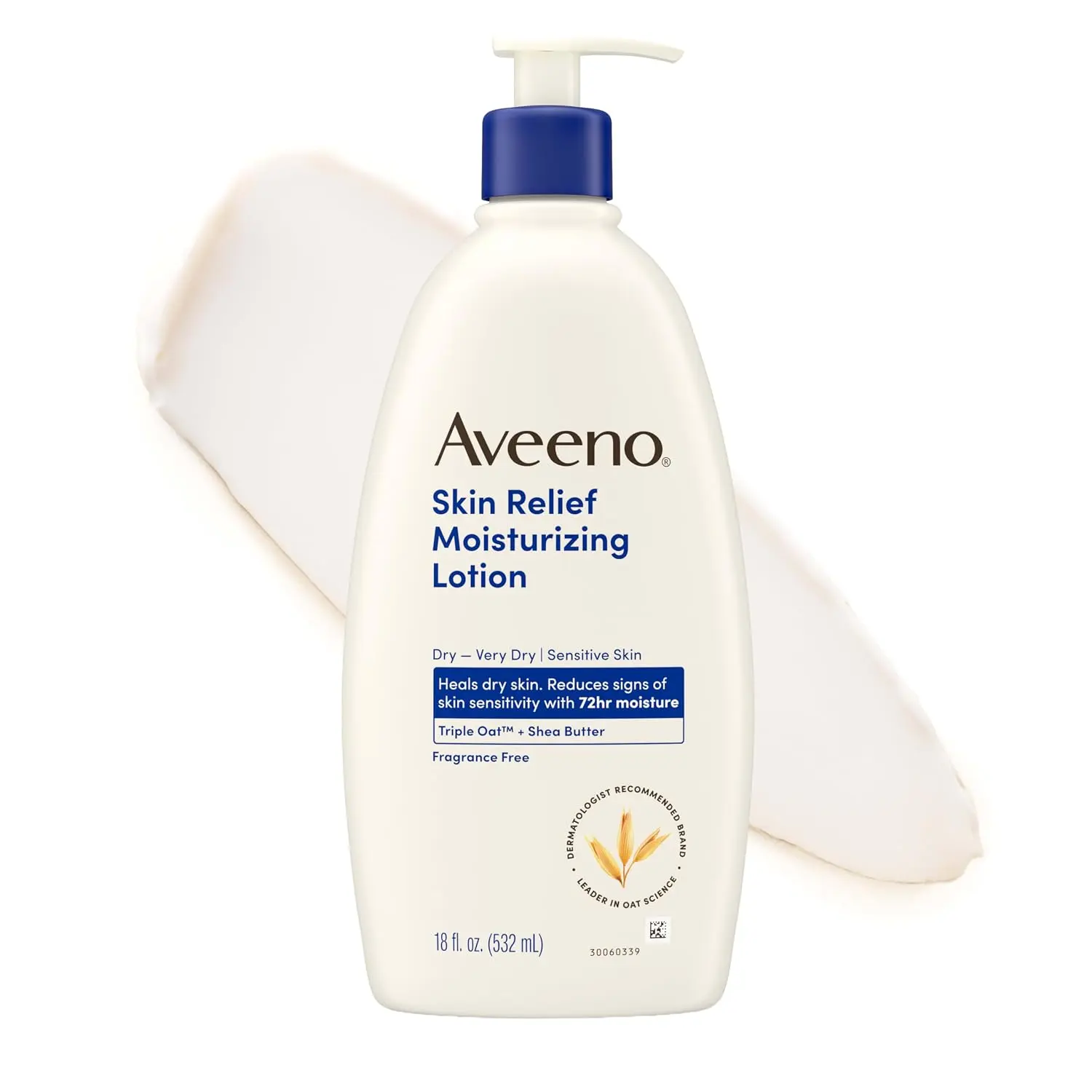 Aveeno Skin Relief Moisturizing Body Lotion - Heals Very Dry & Sensitive Skin, Fast-Absorbing, Triple Oat & Shea Butter Formula, Fragrance-Free, Non-Comedogenic, 18 Fl Oz