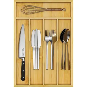 Bamboo Utensil Organizer for Kitchen Drawers with 5 Slots - Sturdy Wooden Drawer Dividers for Silverware, Cutlery & Knives Storage - Multi-Purpose Tray for Home Organization