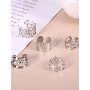 New Arrival 5pcs Minimalist & Fashionable Hollow Out Leaves Design C Shaped Non-piercing Ear Cuff for Women Silver Iron Jewelry