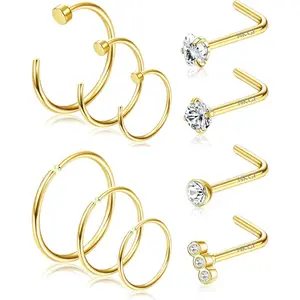 Jstyle 10 Pcs 20G Nose Ring Hoop Studs Nose Stud Round CZ Heart Nose Piercings for Women Men L Shaped Nose Ring Silver/Gold Piercing Studs Jewellery Daily