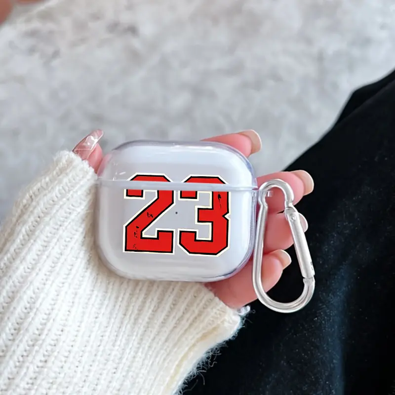 Legendary Number 23 Pattern Protective Case for AirPods 4/3/2/1/Pro/Pro2 Soft TPU Earphone Cover, Transparent with Keychain