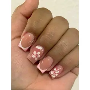 24PCS Small Square Fake Nails – Glossy Floral Press-On Nail Set for Women & Girls, Easy to Apply!