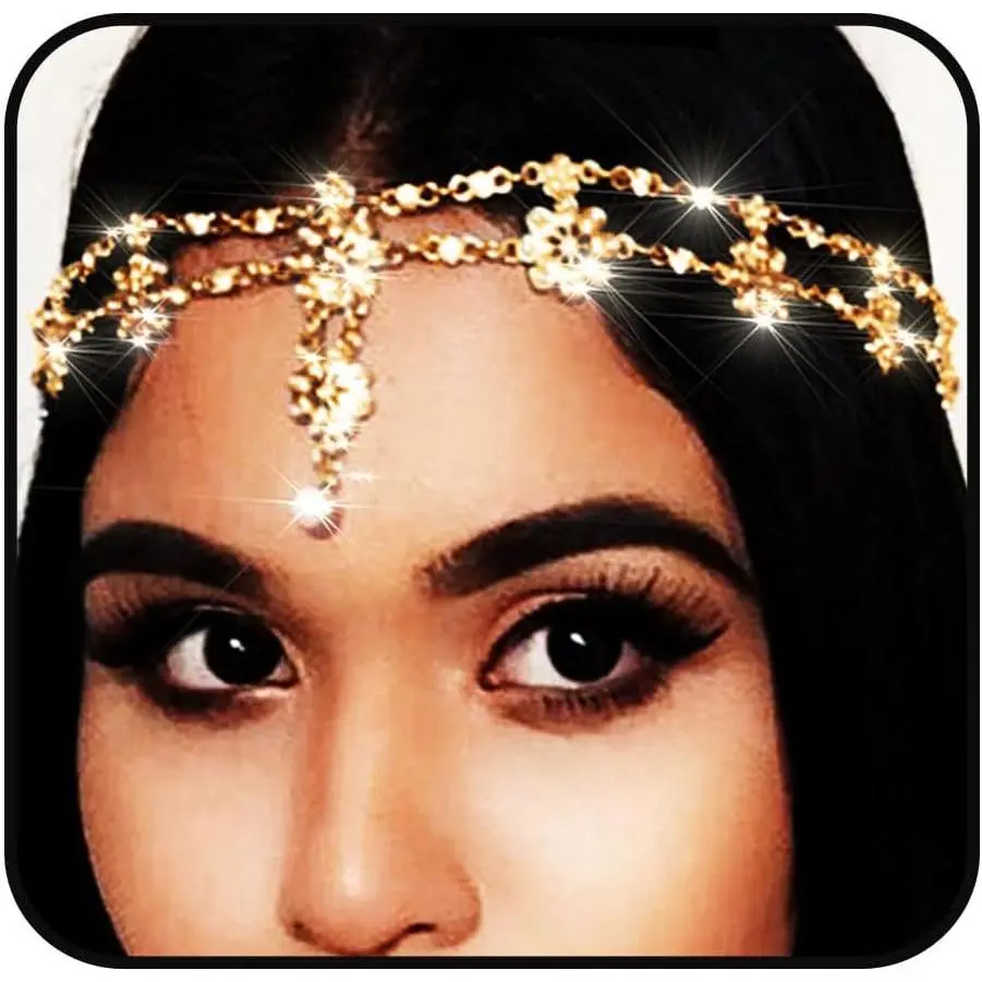Indian Flower  Chain    Headband Elastic Goddess Headpieces Rhinestone Wedding Hair Chain  for Women(-1)