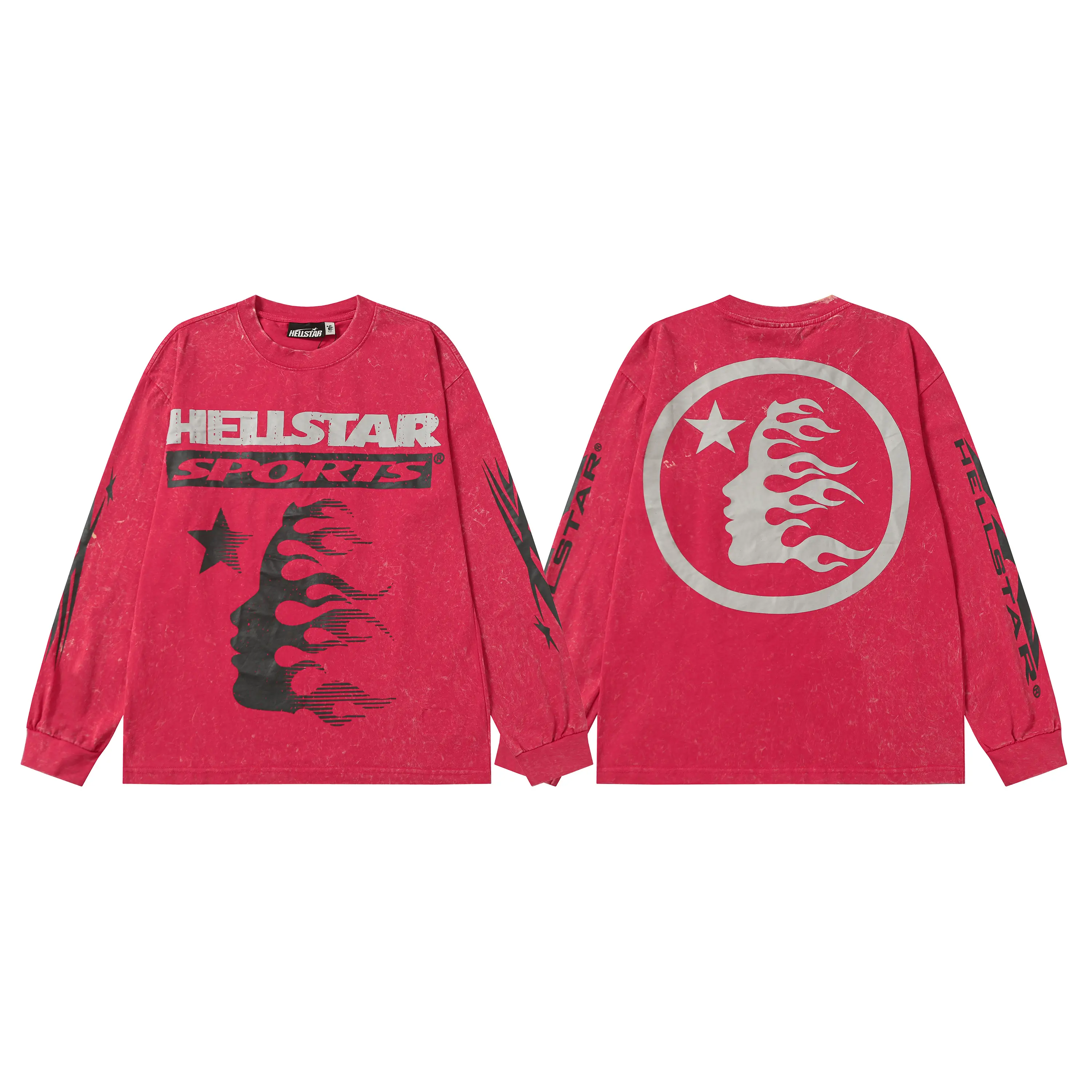 HELLSTAR Certified Professional Y2K Premium Quality Acid Wash Red Circle Flame Silhouette Long Sleeve T-Shirt Mens Standard Fit