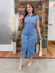 Sofia Collared Denim Stretch Midi Dress