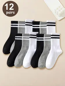 Unisex Stripe Pattern Mid-calf Socks, High Stretch Casual Comfortable Breathable Crew Socks for Daily Wear, Soft Socks for All Seasons, Socks for Women, Casual Stylish Socks