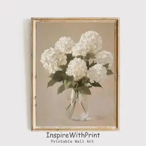 Vintage White Hydrangea Print, Moody Flower painting, Cottage Art , Neutral Wall Art, Hydrangea Art | Frameless Poster 4