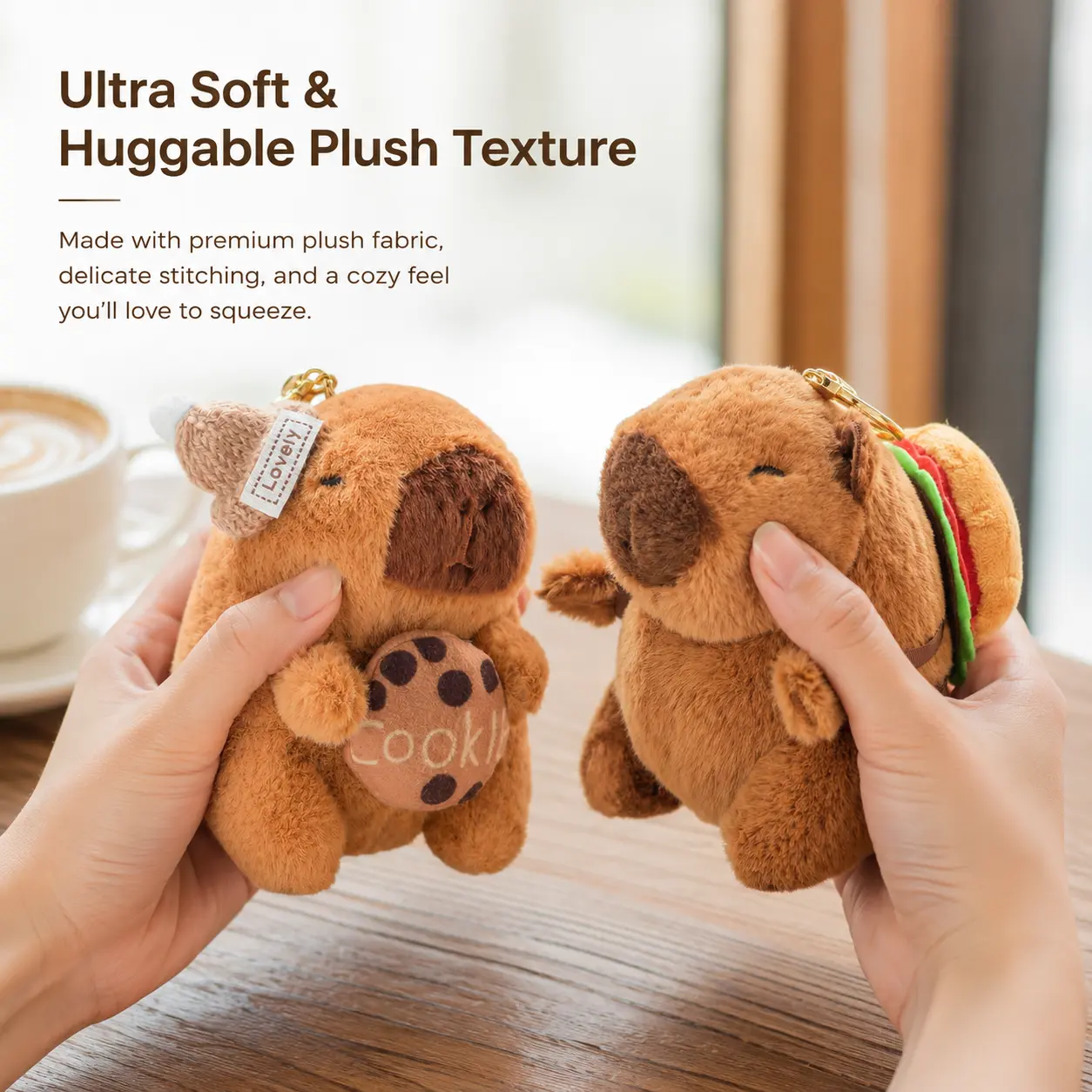 2-Pack Cute Capybara Plush Funny Keychain - Hamburger & Cookie Designs, Keychain Attachment, Key Charms for Backpacks/Handbags, Toy Gift for Friends