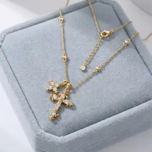 Light of Faith Iris Flower Cross Long Pendant Necklace, Gold Tone Plated Hypoallergenic Skin-friendly Tarnish-resistant Unisex Christian Faith Jewelry, Ideal for Daily Wear, Party & Holiday Gifts for Men & Women