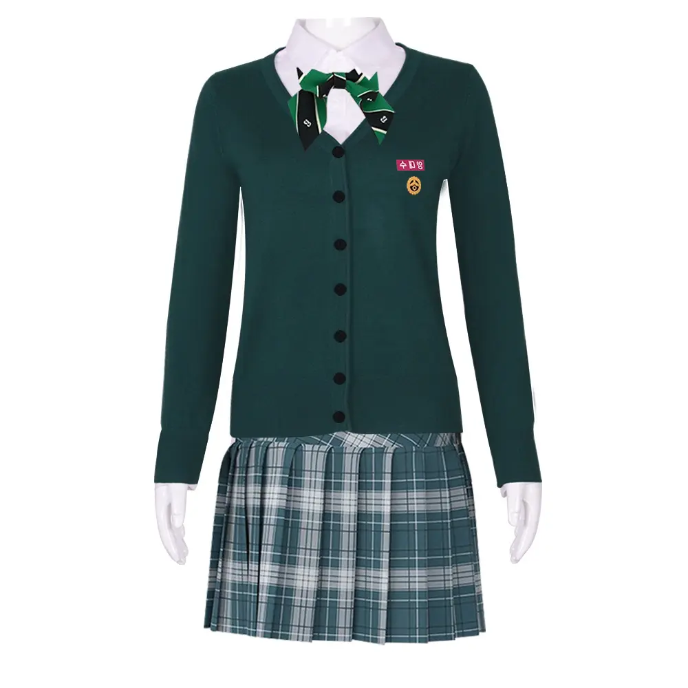 Korean Drama School Uniform Set for Women with Shirt Top Bow Tie and Skirt for Halloween Costume
