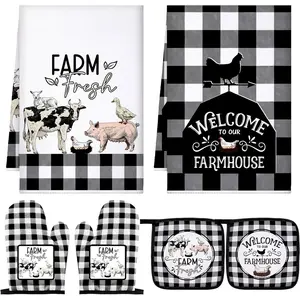 6 Pcs Farmhouse Kitchen Towel Oven Mitts and Pot Holders Set Farm Animal Dish Towels Heat Resistant Oven Gloves for Summer Kitchen Cooking Baking Grilling(Christmas Farm Theme)