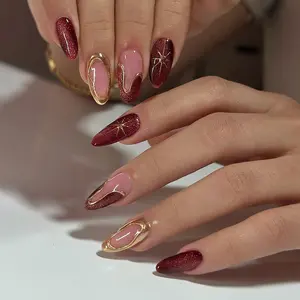 24pcs Medium Almond Nail Tips, French 3D Rhinestones, Glossy Handmade Removable Nails, Glitter Decorative Nails, Includes Jelly Glue and File