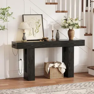 63 Inch Console Table with Power Outlet, Extra Long Sofa Table with USB & Type c Ports, Narrow Entryway Table for Hallway, Foyer Table for Living Room