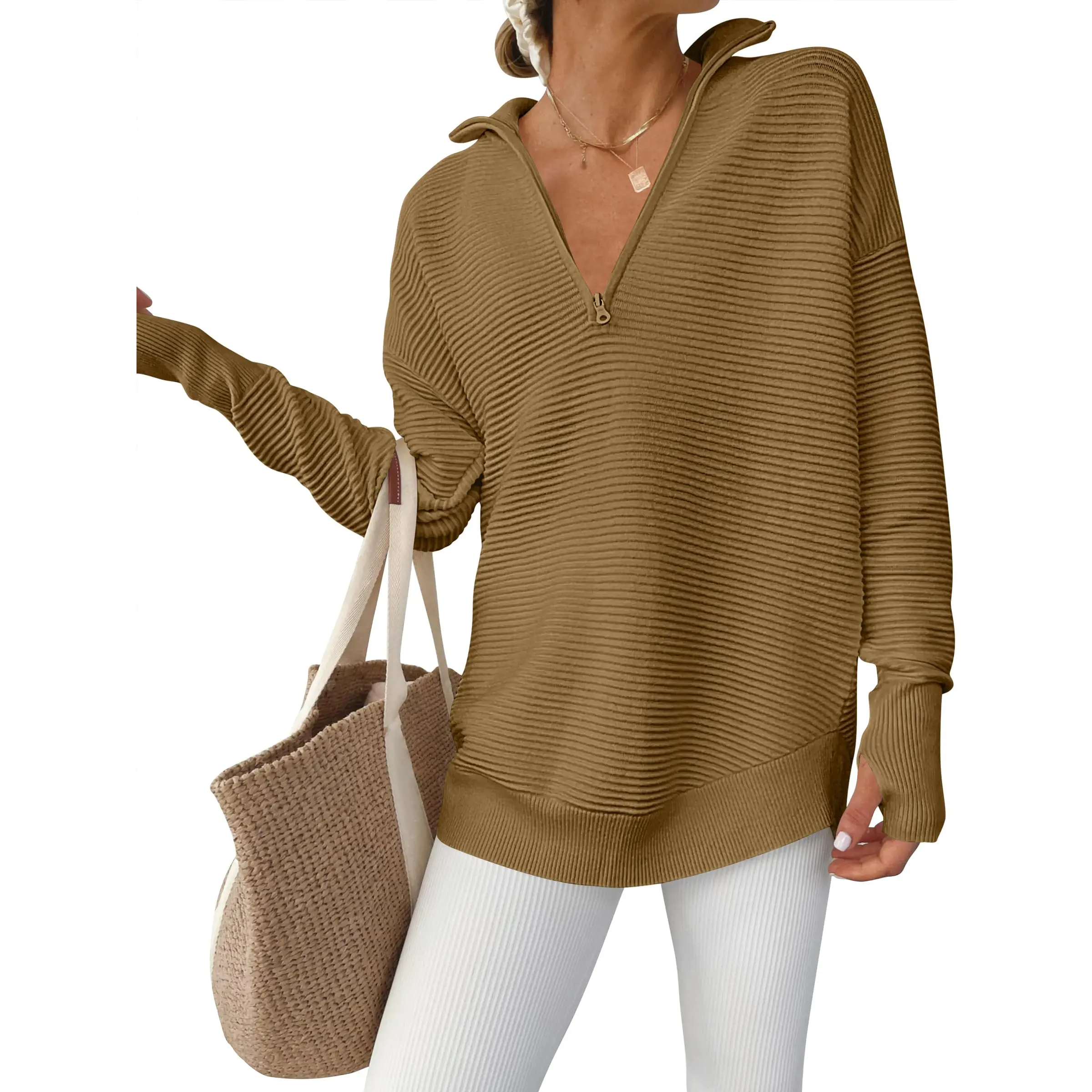 ANRABESS Womens Long Sleeve Quarter Zip Pullover Sweater Casual Loose V Neck Collared Ribbed Knit Jumper Tops Thumb Hole Faux Hoop ANRABESS Womens Long Sleeve Quarter Zip Pullover Sweater Casual Loose V Neck Collared Ribbed Knit Jumper Tops Thumb Hole Faux Hoop