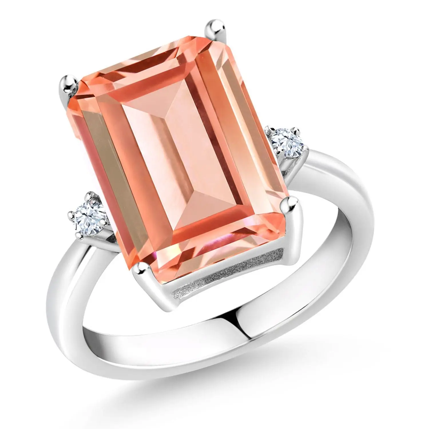 Gem Stone King Women's 6.38 Cttw Emerald Cut 14x10MM Peach Nano Morganite & Lab Created White Sapphire Multi-Stone Ring, 925 Sterling Silver Polished Bridal Engagement Statement Ring for Adults