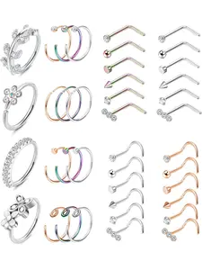 40Pcs 20G Nose Rings Studs Stainless Steel Nose Rings Hoop for Women Men L Shape Screw Nose Studs Nostril Nose Piercing Jewelry for Women Men