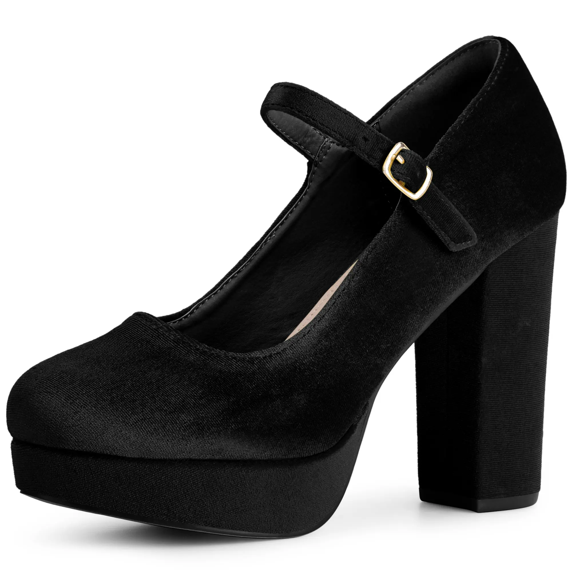 BLISSFUL STEP Platform Chunky Heels Mary Janes Buckle Strap Velvet Pumps for Women