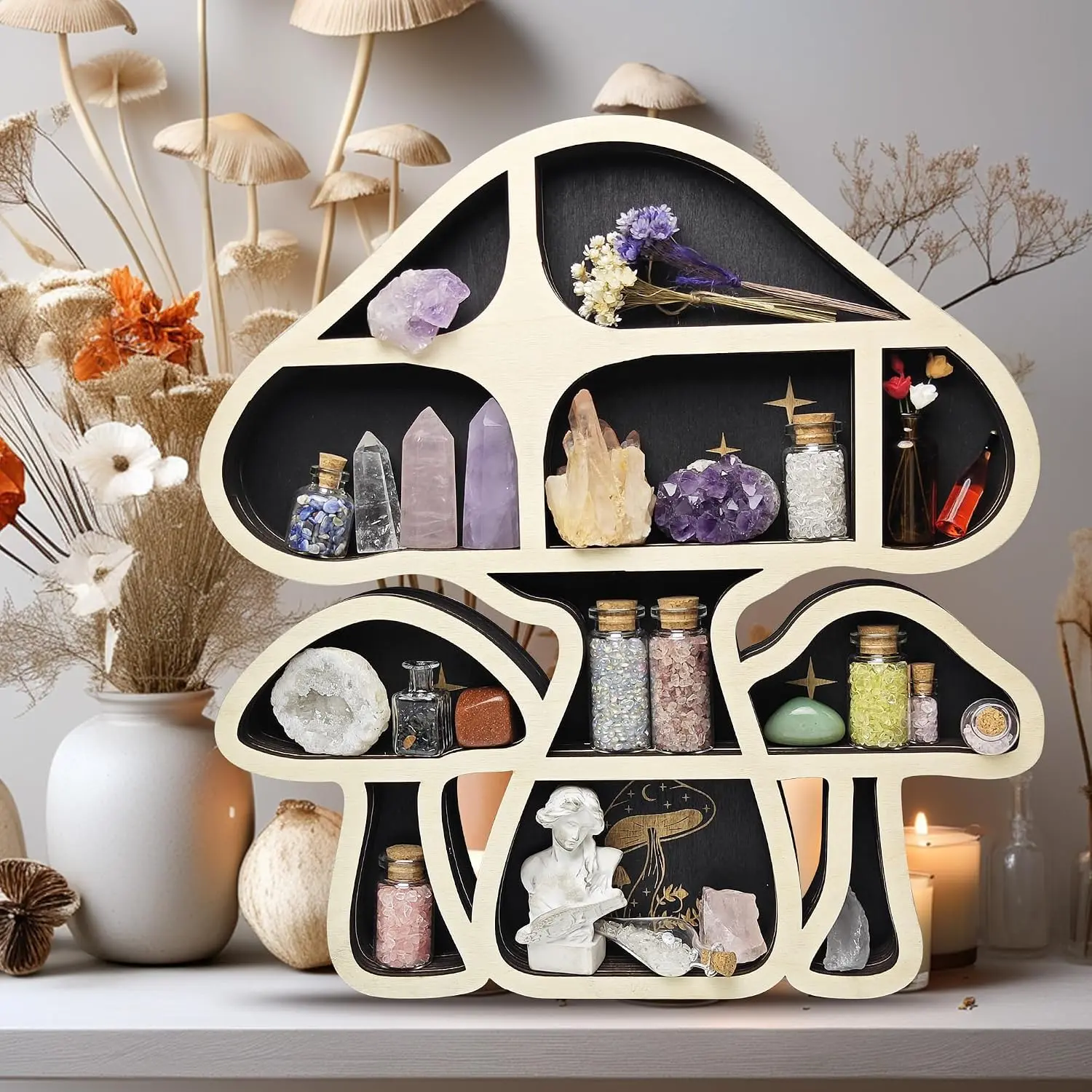 Mushroom Decor Floating Shelves, Crystal Display Shelf, Whimsy Wall Decor | Crystal shelf for rocks, gems, stones and essential oils, cute whimsy mushroom wall decor, meditation art and spiritual gift