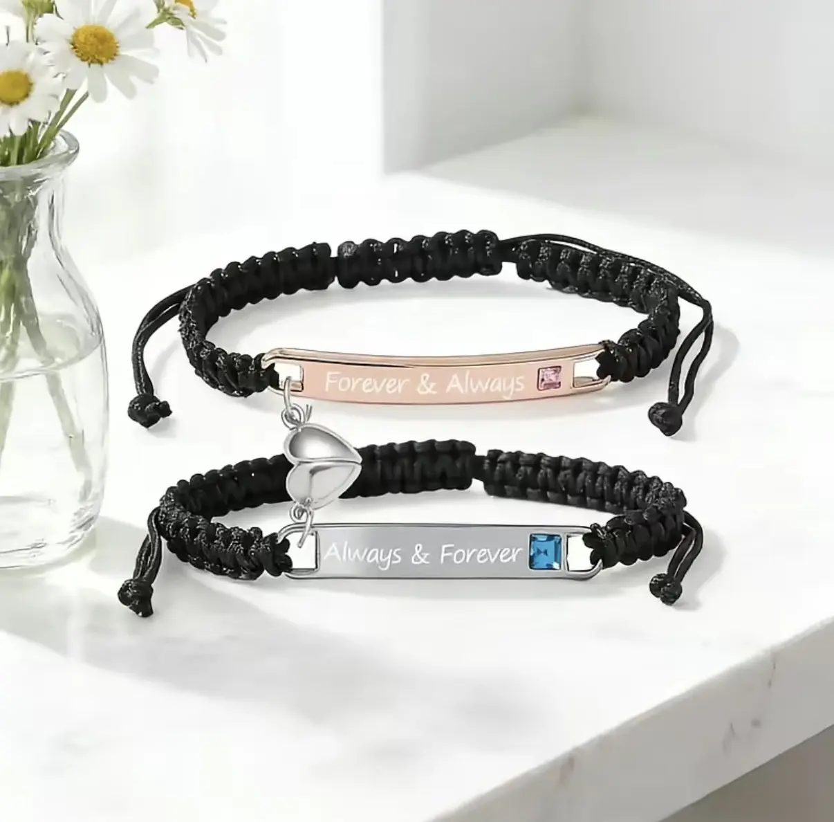 Magnetic Heart Couple Attraction Bracelets - Set of 2 Woven Cord & Stainless Steel Unisex Adjustable Bangles, Fashionable Bracelet Style Romantic Gift for Him and Her, Bracelet Jewelry, Matching Heart Bracelets