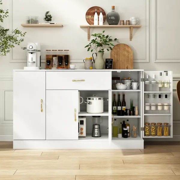 [Bellemave]Sideboard Buffet Cabinet with Storage, Large Kitchen Storage Cabinet with 1 Drawer and 4 Doors, Modern Coffee Bar for Kitchen Dining Room, White