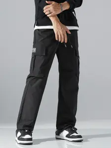 Men's Solid Patched Drawstring Waist Cargo Pants, Loose Casual Pocket Trousers for Outdoor Business Wear, Fashion Men's Bottoms for All Seasons