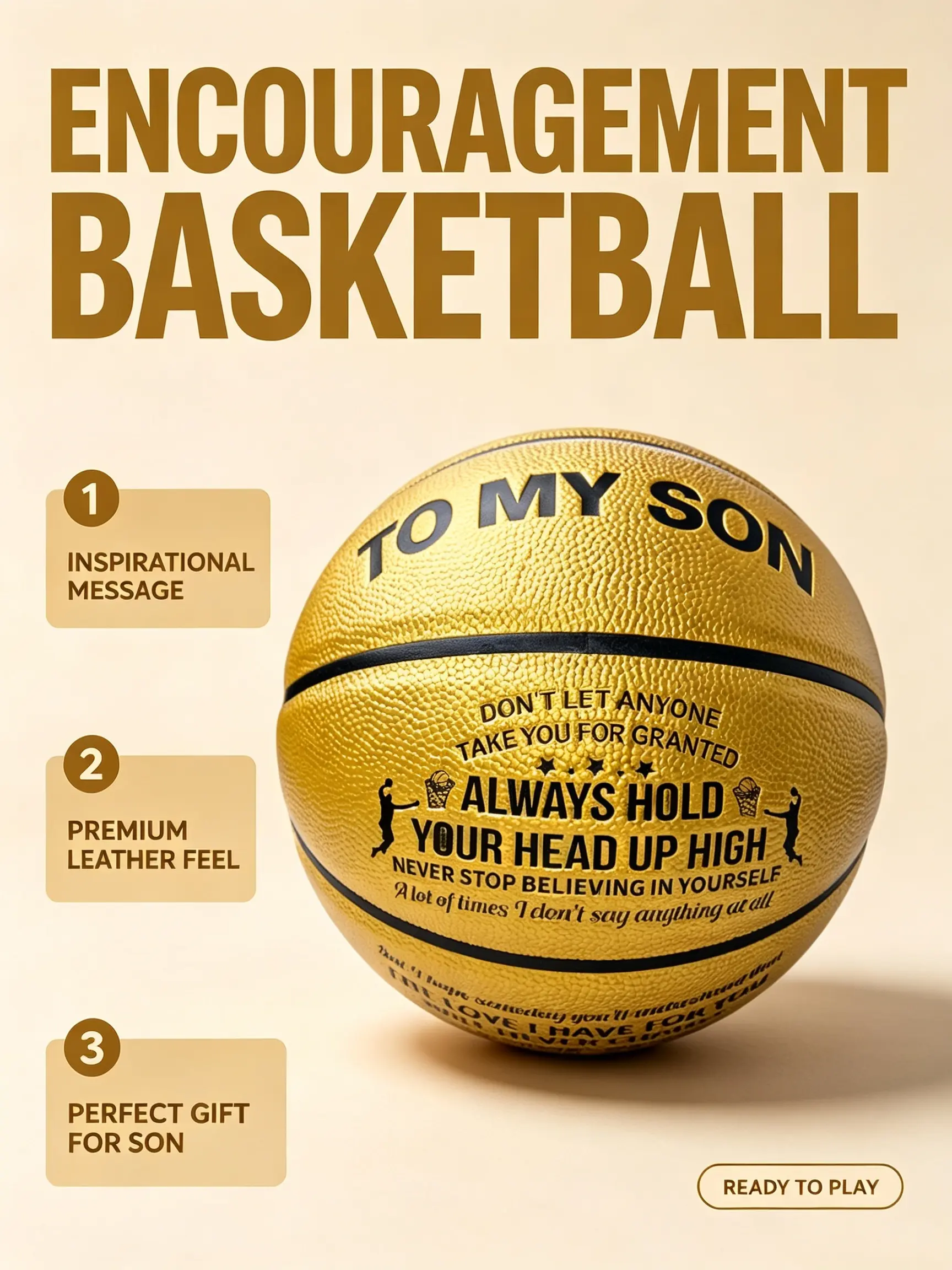 Golden PU Leather Inspirational Basketball To My Son, Premium Soft Leather Feel Encouragement Basketball Gift for Teen Boys Indoor Outdoor Training Game Sport Ball pc backboard birthday idea soccer backpack goal