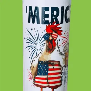 Handcrafted Rooster Chicken Merica Patriotic Stainless Steel Double Wall Tumbler with Slide Lid and Straw - Bottle, Drinkware