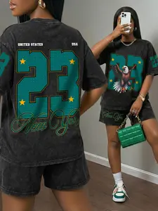 Women's Casual Matching Two-Piece Set, Outfit, Letter Pattern Print Cotton Top & Shorts, Fitted Regular Length for All Seasons