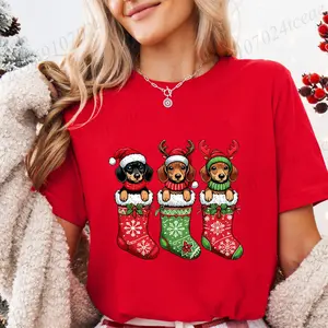 Dachshund Christmas T-Shirt Dog Christmas Print T-Shirts Short Sleeve Women Dachshund Lover Fashion Casual Shirts Tops Clothes