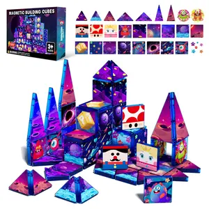 【New Sticker Set】60PCS,1.48inch Creative Sticker Magnetic Tiles,Interstellar Travel，Magnet Building Blocks Cubes Construction Stacking Educational Assembly Toy Preschool STEM Play Creative Playboard for Toddler Kids Ages 3+,Kids Toys best gift