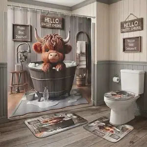 4pcs A soft, Highland cow-patterned shower curtain set, complete with a sweet cheek logo and extra-thick plush bath mat, creates a unique and stylish bathroom décor.