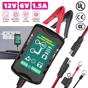 Battery Charger Automatic 6V 12V 1.5A, Trickle Charger Suitable for AGM GEL SLA VRLA FLOOD Lead-Acid Batteries, Starting Batteries for Auto Car Motorcycle, Dual Voltage Output Detection and Repair