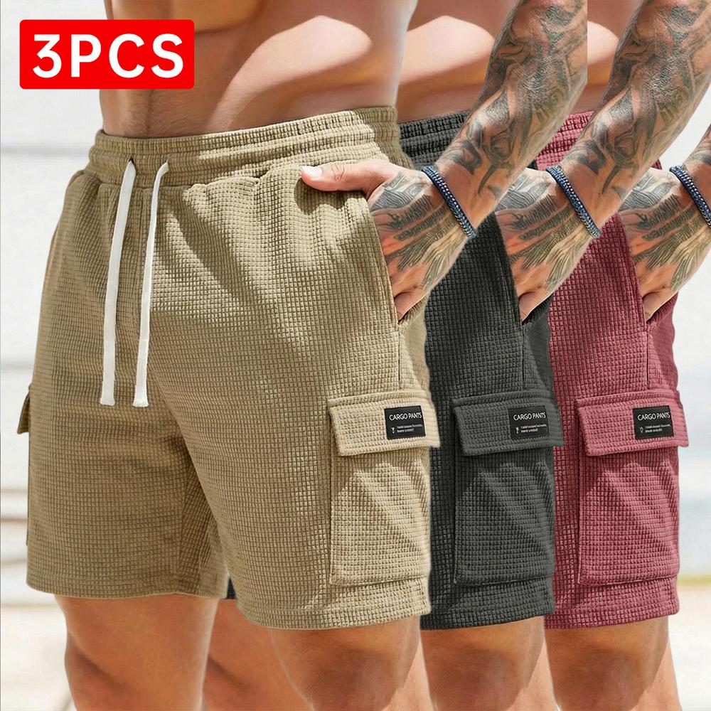 3-pack men’s waffle cargo shorts with a drawstring elastic waistband—breathable and comfortable, slimming and versatile, featuring textured fabric and multiple pockets—ideal for everyday summer outings.