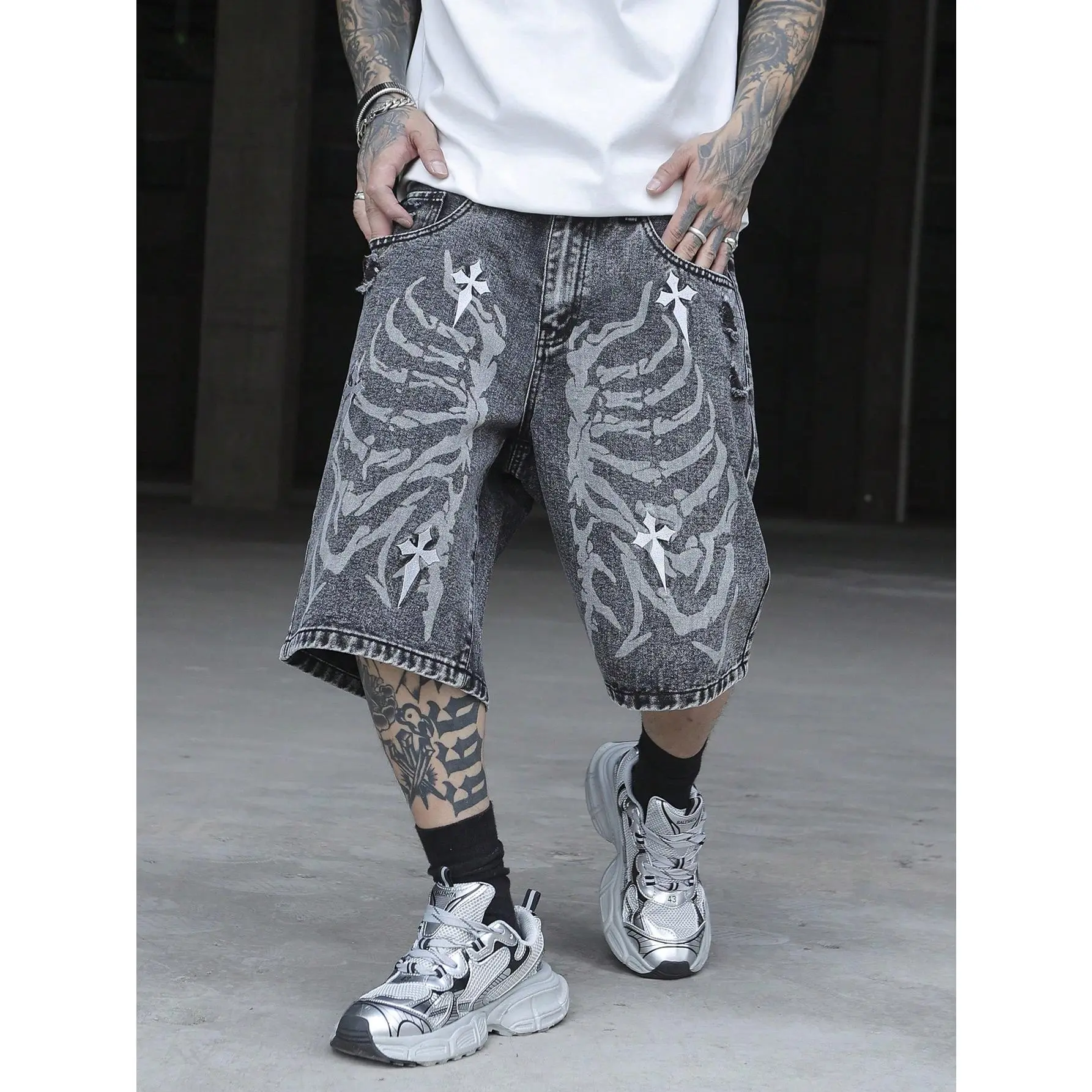 Men's Baggy Denim Jorts, Breathable Relaxed Fit Casual Streetwear Shorts with Subtle Pocket Print for Skating, Loose, Coin Pocket, Oversized, Cold Wash, Do Not Bleach, Aesthetic, Menswear, Simple