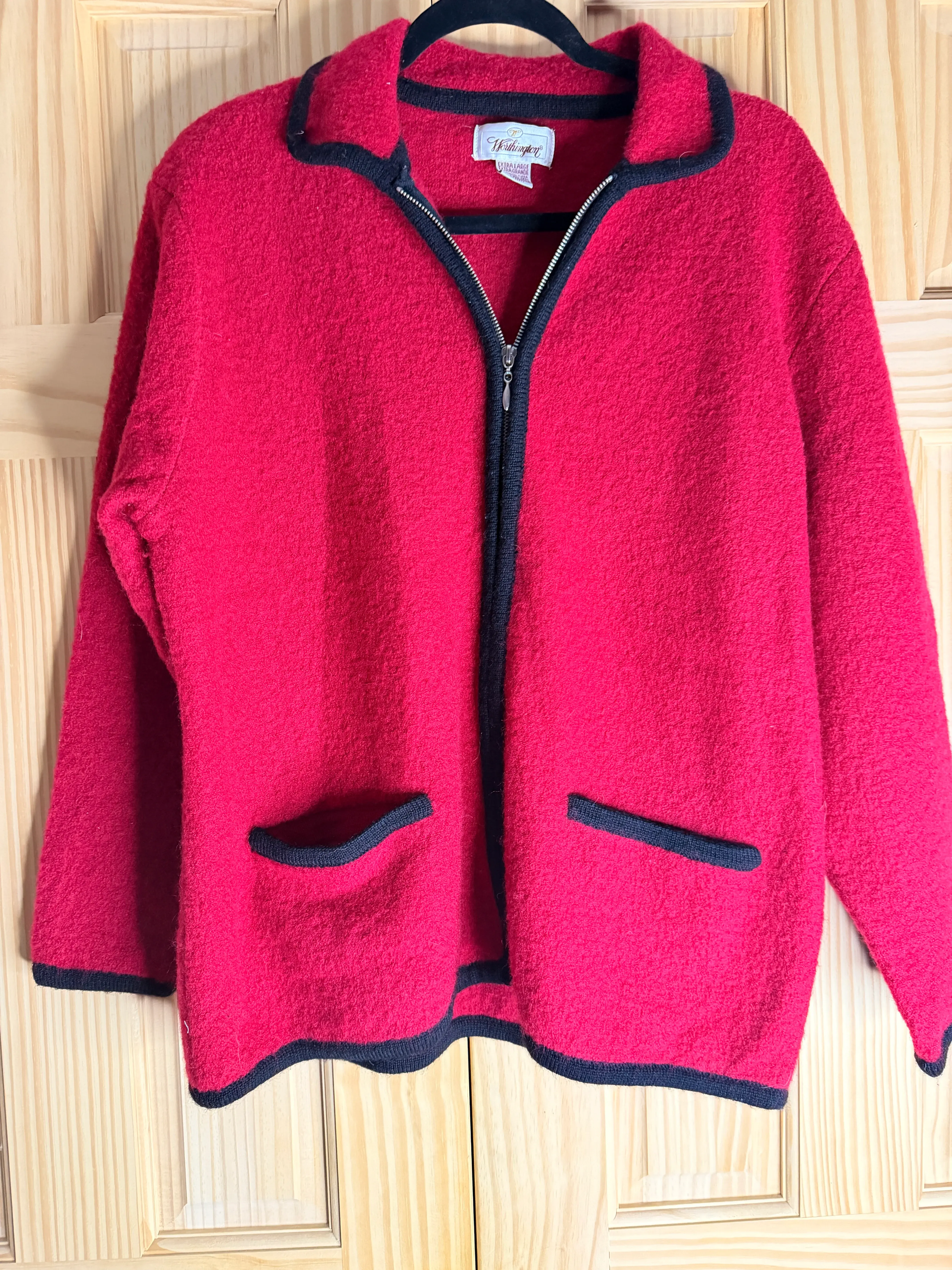 Vintage Worthington Red 100% Wool Zip Cardigan Black Trim Women's XL Boiled Wool