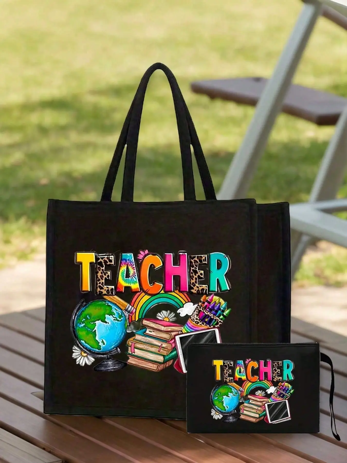 Teacher'S Theme: Black Linen Handbag, Leopard Design, Earth Flat Book, Small Daisy Pattern, Small Black Linen Shopping Bag