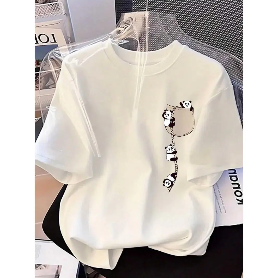 2026 Fashion New Arrival Women's Round Neck Panda Print Fashion Short Sleeve Summer Casual T-Shirt, Women's Clothes, Cute Tops For Women
