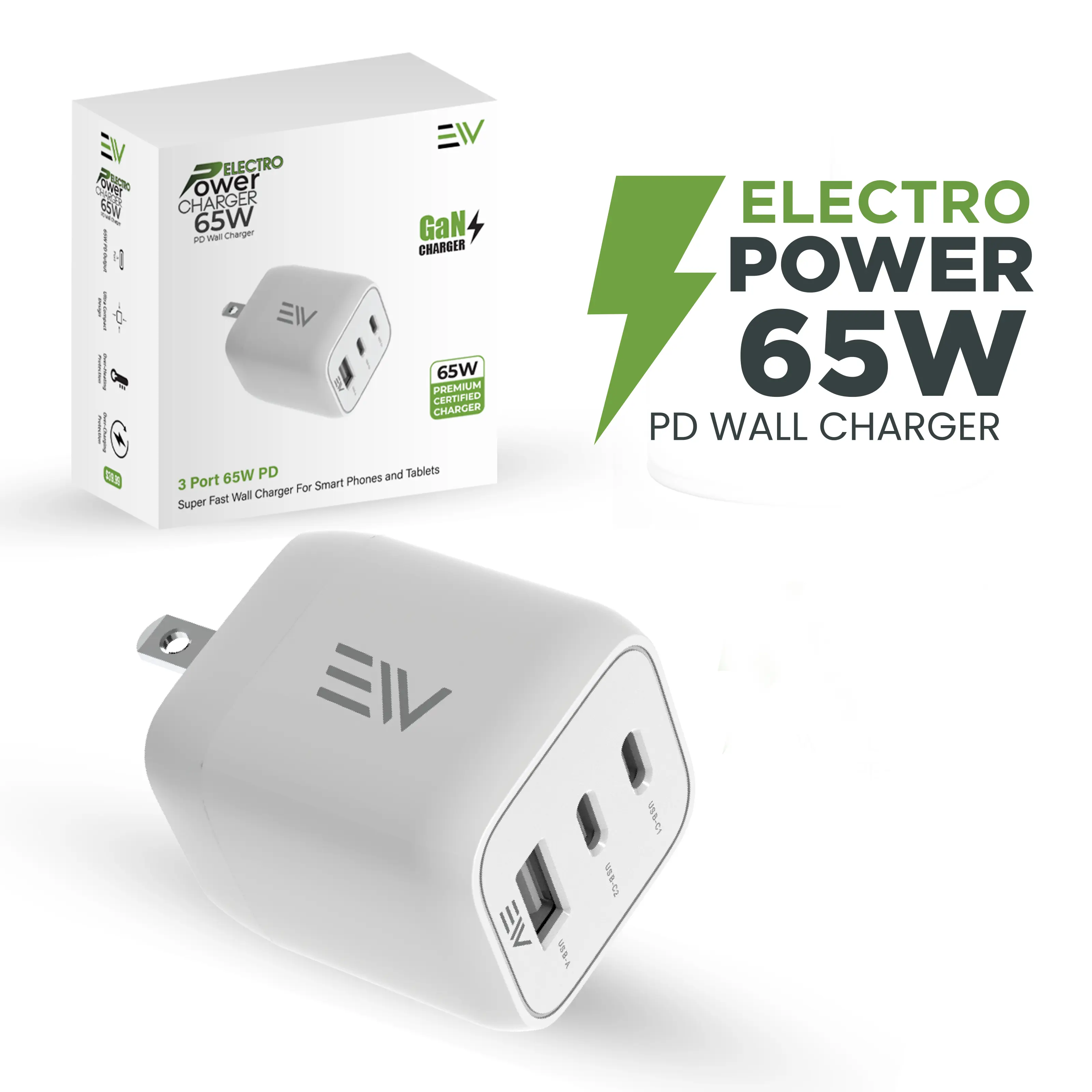 Electronic World 65W GaN III USB-C PD Wall Charger with Dual USB-C & USB-A Ports, 3-Port Fast Charger for iPhone, Samsung, Tablets & Laptops