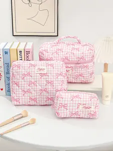 Bowknot Pattern Makeup Bag Set, Large Capacity Travel Cosmetic Bag, Cute Make Up Bag, Toiletry Bag, Makeup Storage Organizer for Women Girls