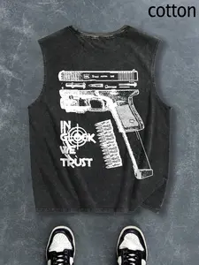 Men's Regular Fit Graphic Gun Print Round Neck Tank Top, Casual Comfy Breathable Sleeveless Top for Summer, Men's Clothes for Daily Wear, Socks, Menswear, Cotton Tank Tops