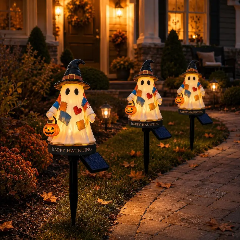 Whimsical Solar Halloween Ghost Stake Lighting - Cute Patchwork Decor with Pumpkin Lantern, Auto-On/Off Waterproof Warm LED for Lawn, Garden (Collectible Outdoor Figurine Decor)