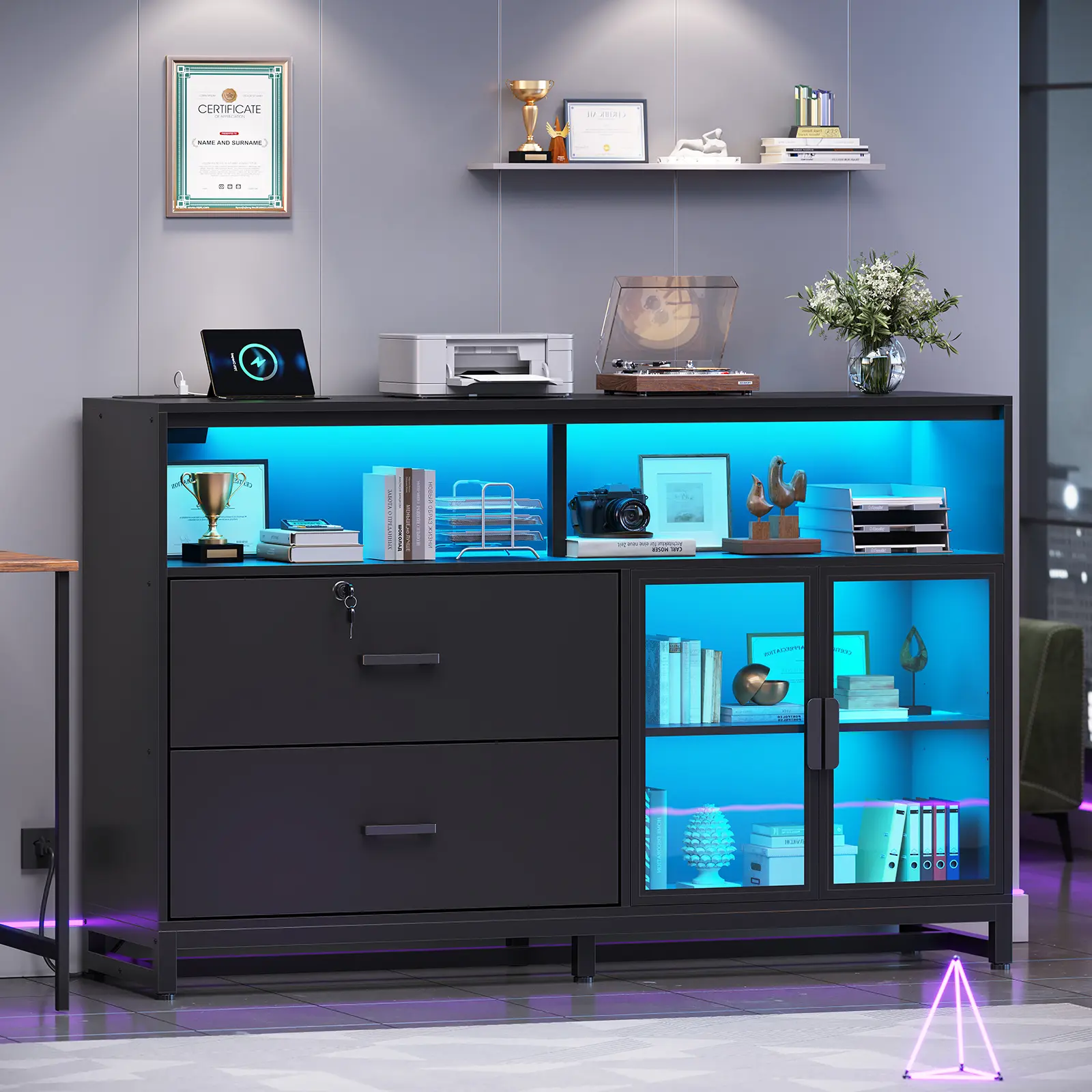 Sedeta 59-in Modern Glass Door File & Display Cabinet - Commercial Office Furniture for Home Use, with LED Lights, Power Strip, A4/Legal/Letter File Compatibility, Glass Door Cabinet