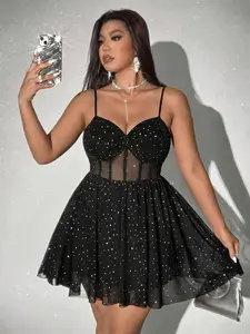 Large size women's dress, elegant and sexy sequined mesh A-line short skirt, sleeveless suspender dress bridesmaid dress, elastic waist design, suitable for parties and gatherings, very eye-catching