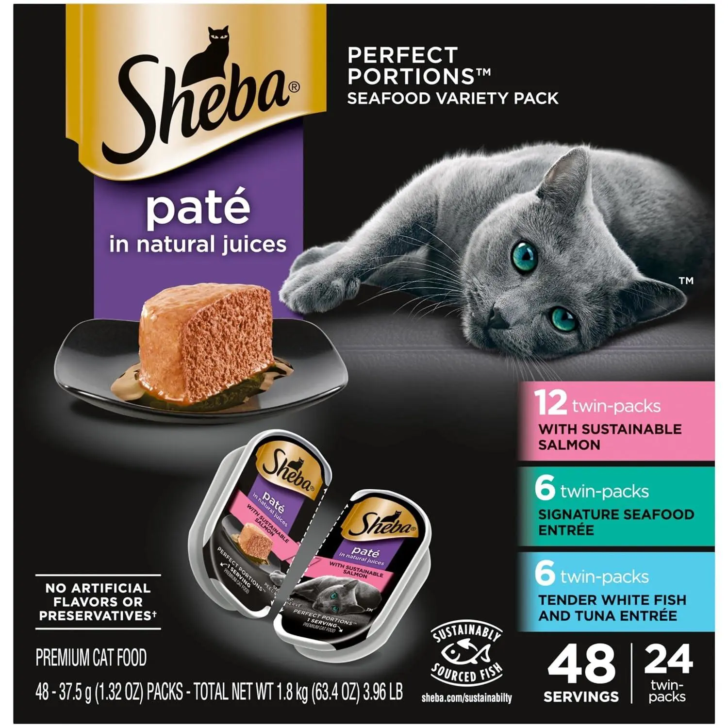 Sheba Perfect Portions Wet Cat Food Pate, Chicken Entree and with Sustainable Salmon Entree, Cat Food Wet Recipe Variety Pack, 2.6 oz. Twin-Pack Trays (6 Count, 12 Servings) (Pack of 2)