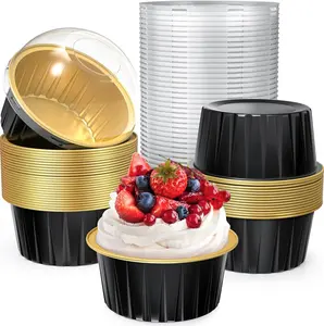 40 Pack 5 OZ Mini Cake Pans with Lids, Disposable Aluminum Foil Ramekins Muffin Tin, Round Brownie Pudding Cupcake Baking Cup, Mini Cake Containers Flan Molds for Wedding Birthday Party