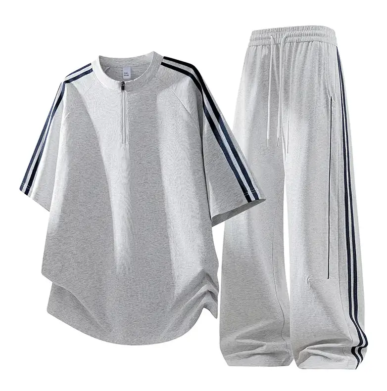 Men’s summer striped short-sleeve T-shirt casual sports set with American two-stripe athletic long pants, half-zip design—fashionable, versatile, minimalist, comfortable two-piece set #SummerWins