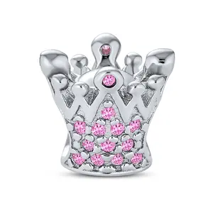 .925 Sterling Silver Princess Queen Crown Royalty Pink Fuchsia Crystal Bead Charm Bead for Bracelet